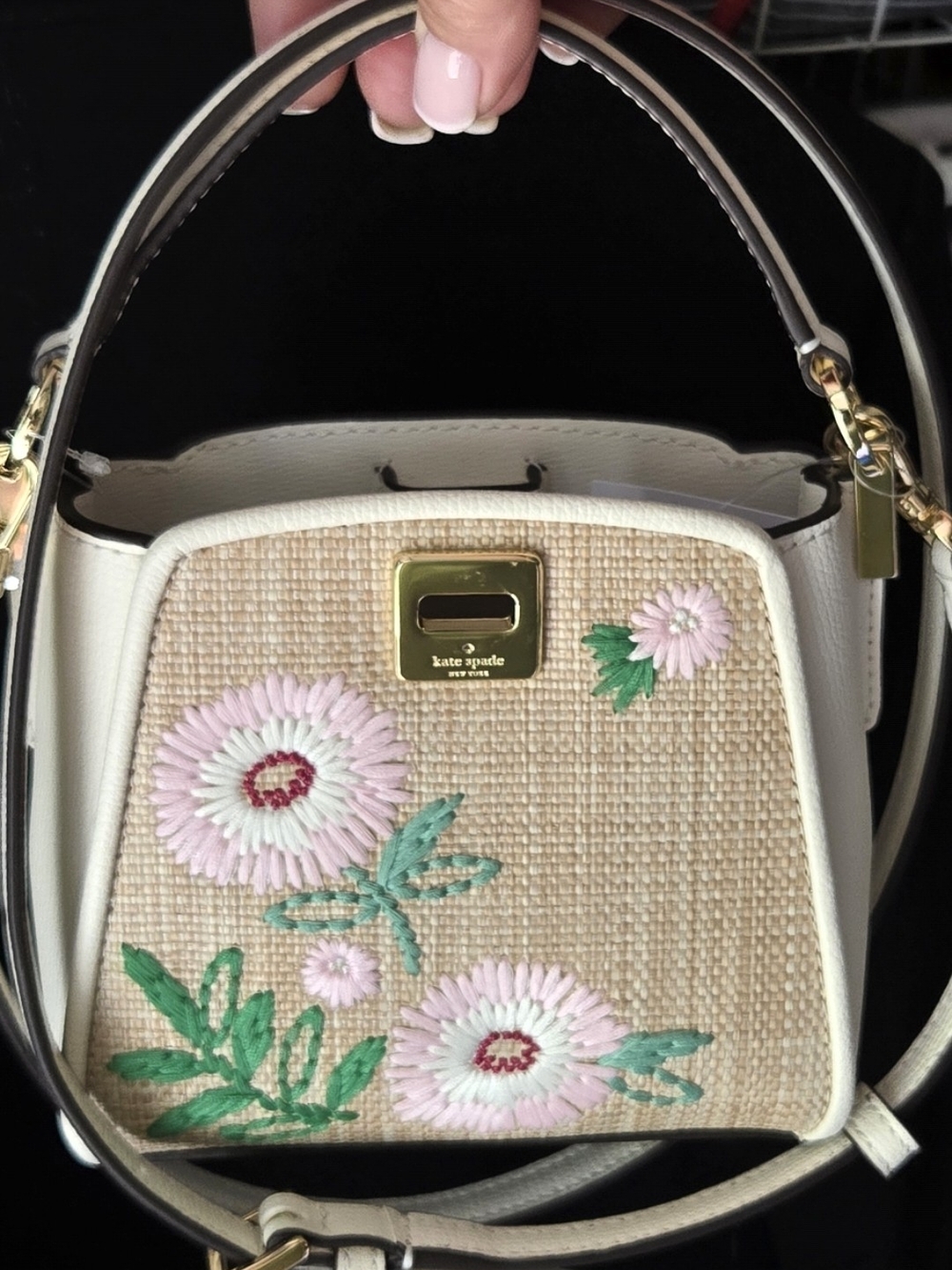 kate spade Ivory Raffia Floral Embroidered Top-Handle Satchel